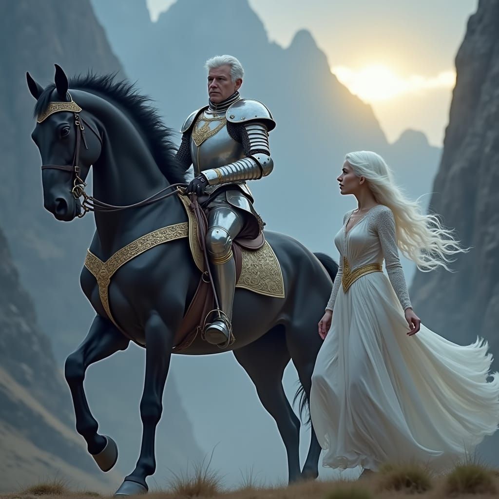 Majestic Knight Rides Towards Enchanting Maiden in Futuristi...