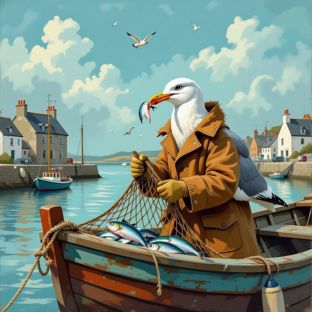 Seagull Gulping Fish from Fisherman's Net in Irish Harbour