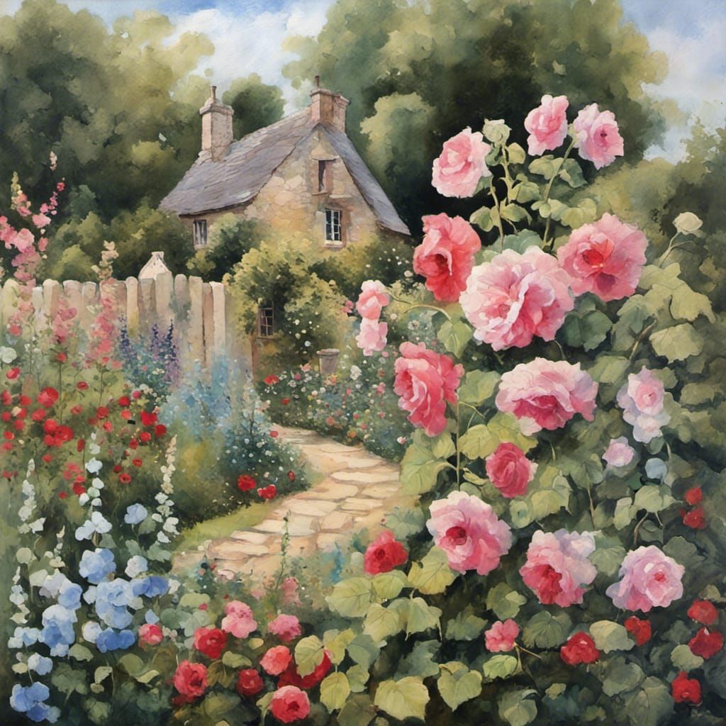 Cotswold Cottage Flower Garden in Gouache Resist