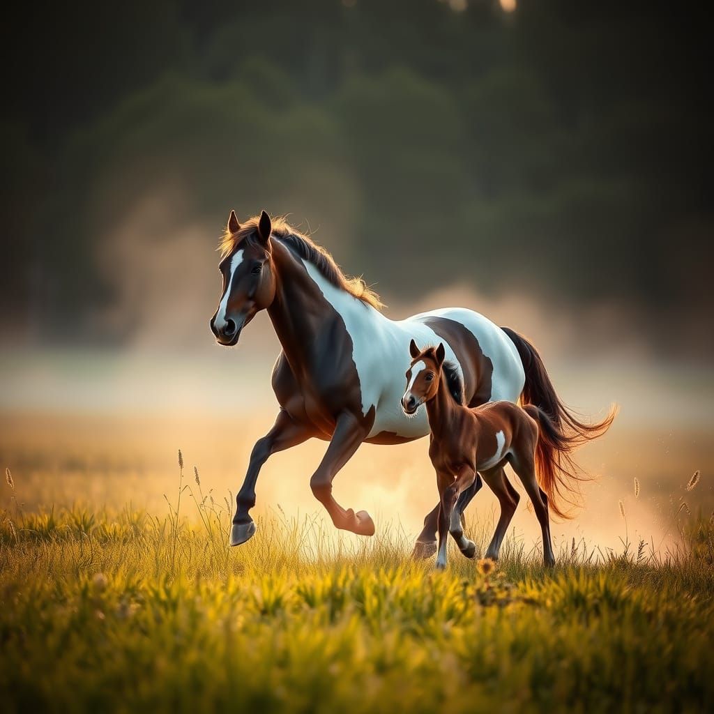 Majestic Pinto Horse and Foal in Eerie Foggy Landscape
