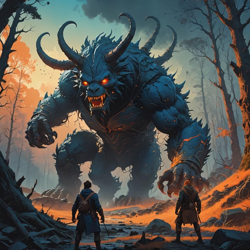 Man Versus Monster in Mystical Landscape