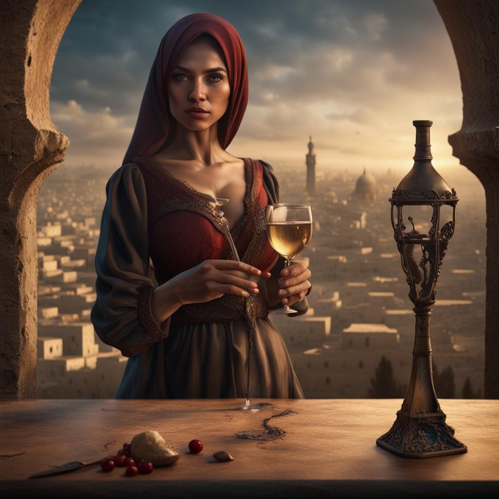 Palestinian Woman with Hourglass and Wine, Detailed Matte Pa...