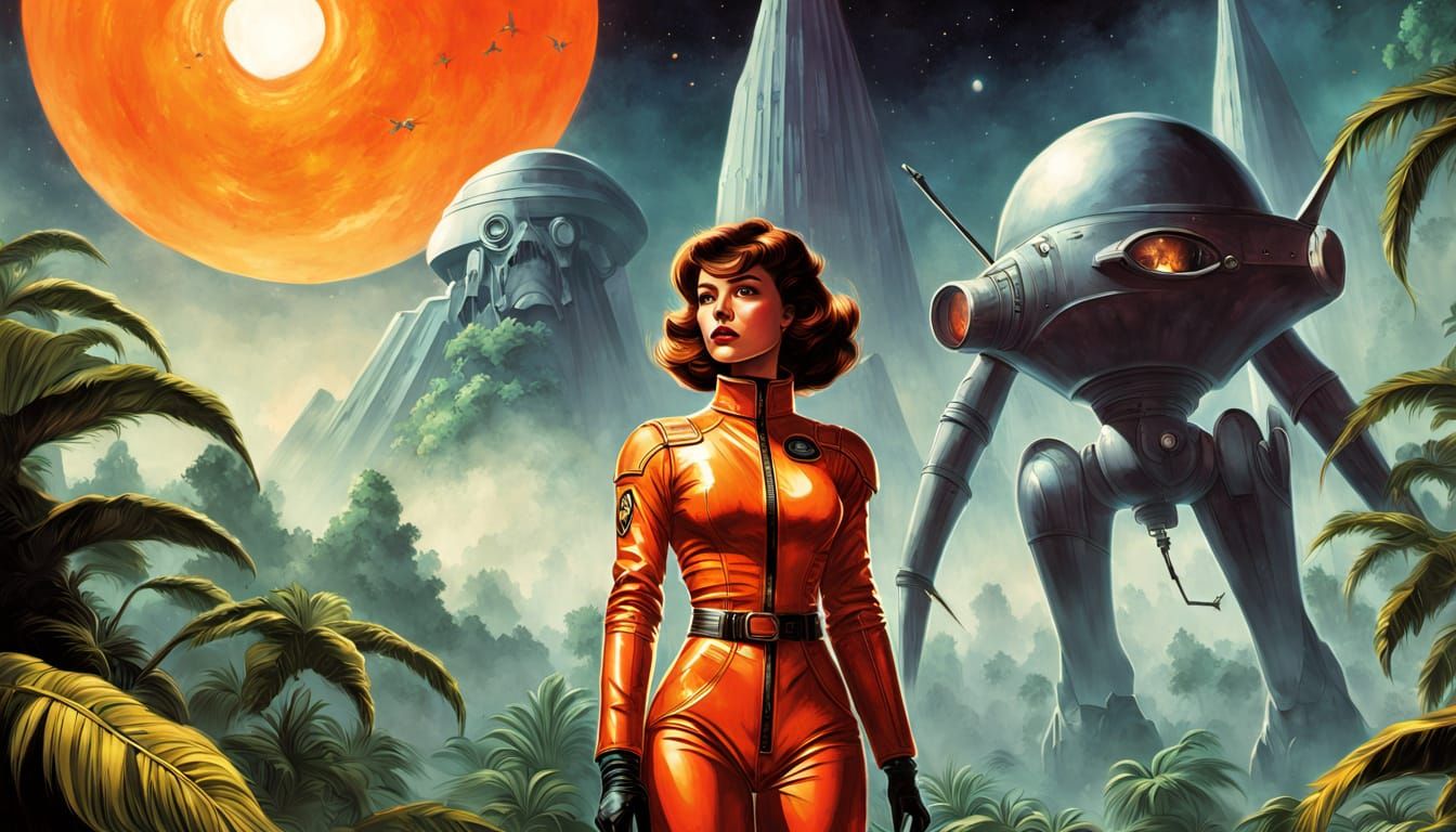 Glamorous Space Explorer Embarks on Vintage Jungle Quest