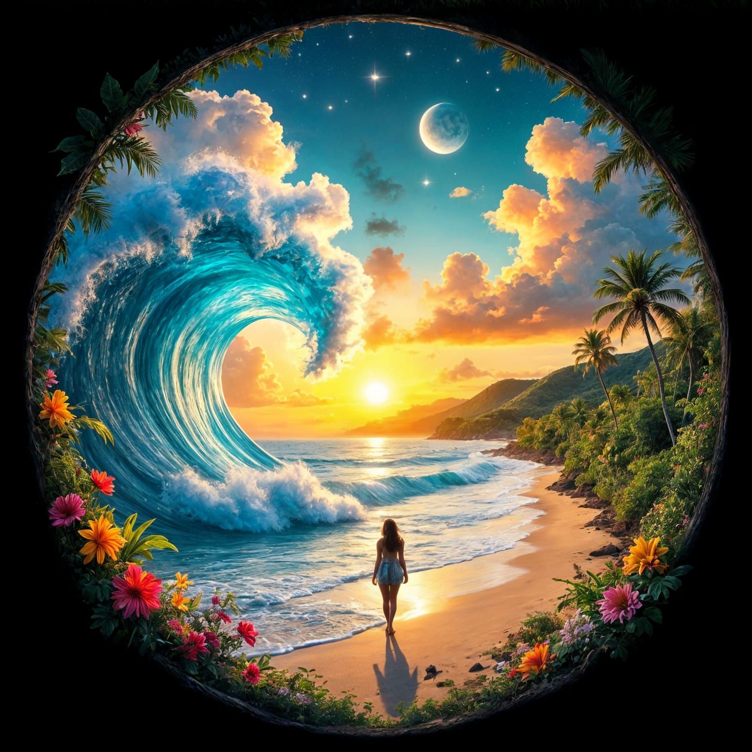 Surreal Tropical Seascape with Billowing Cloud Wave