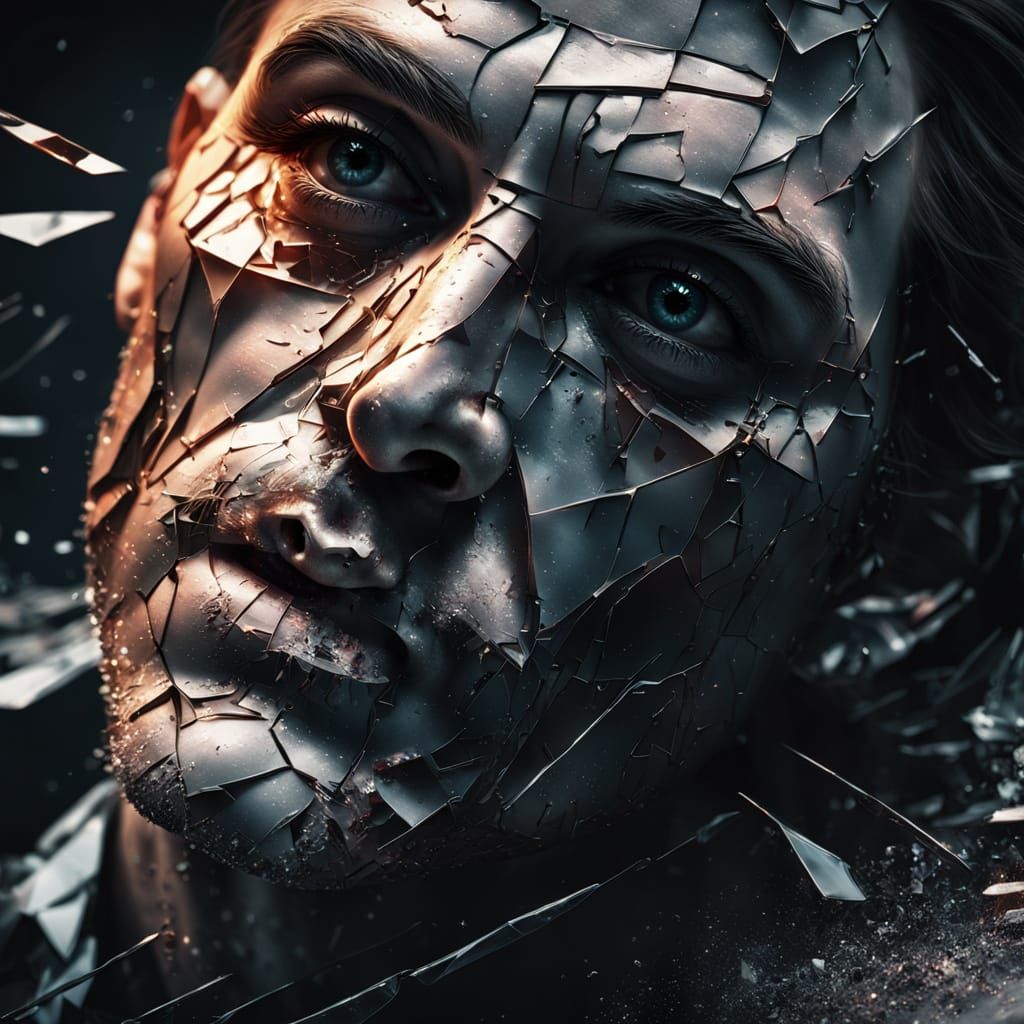Shattered Glass Face in Hyperrealistic Digital Art