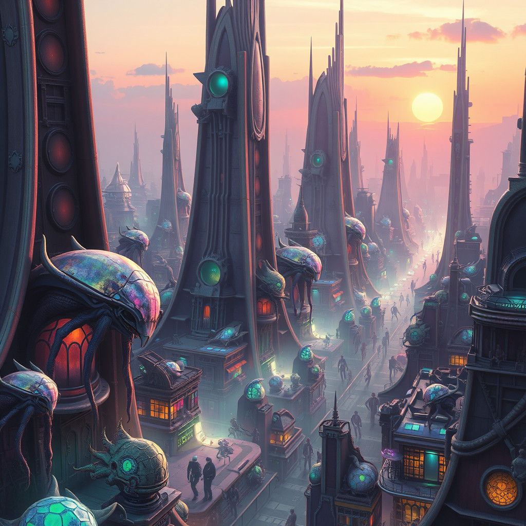 Iridescent Alien City in Futuristic Style