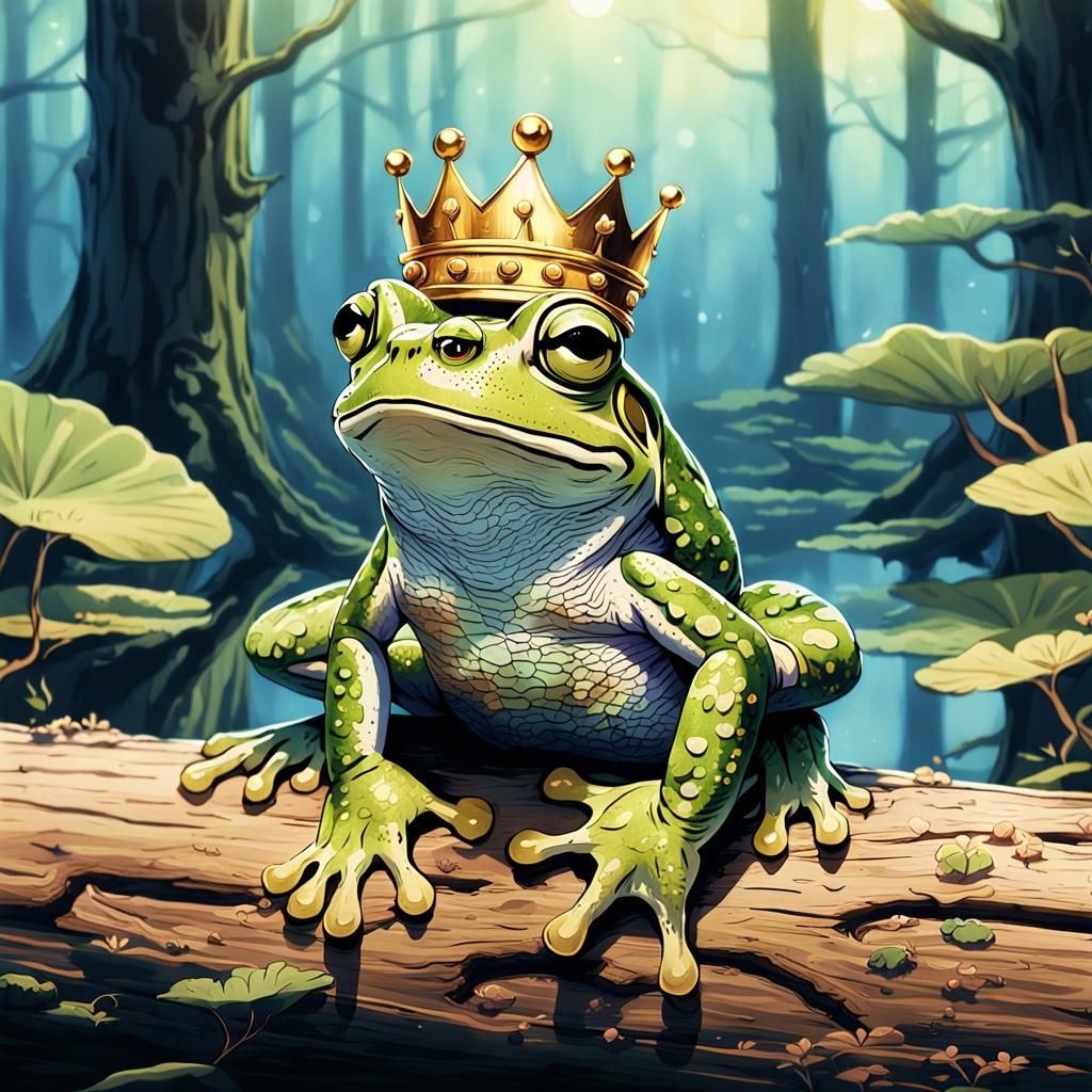 Crowned Frog on Log in Japanese Anime Style