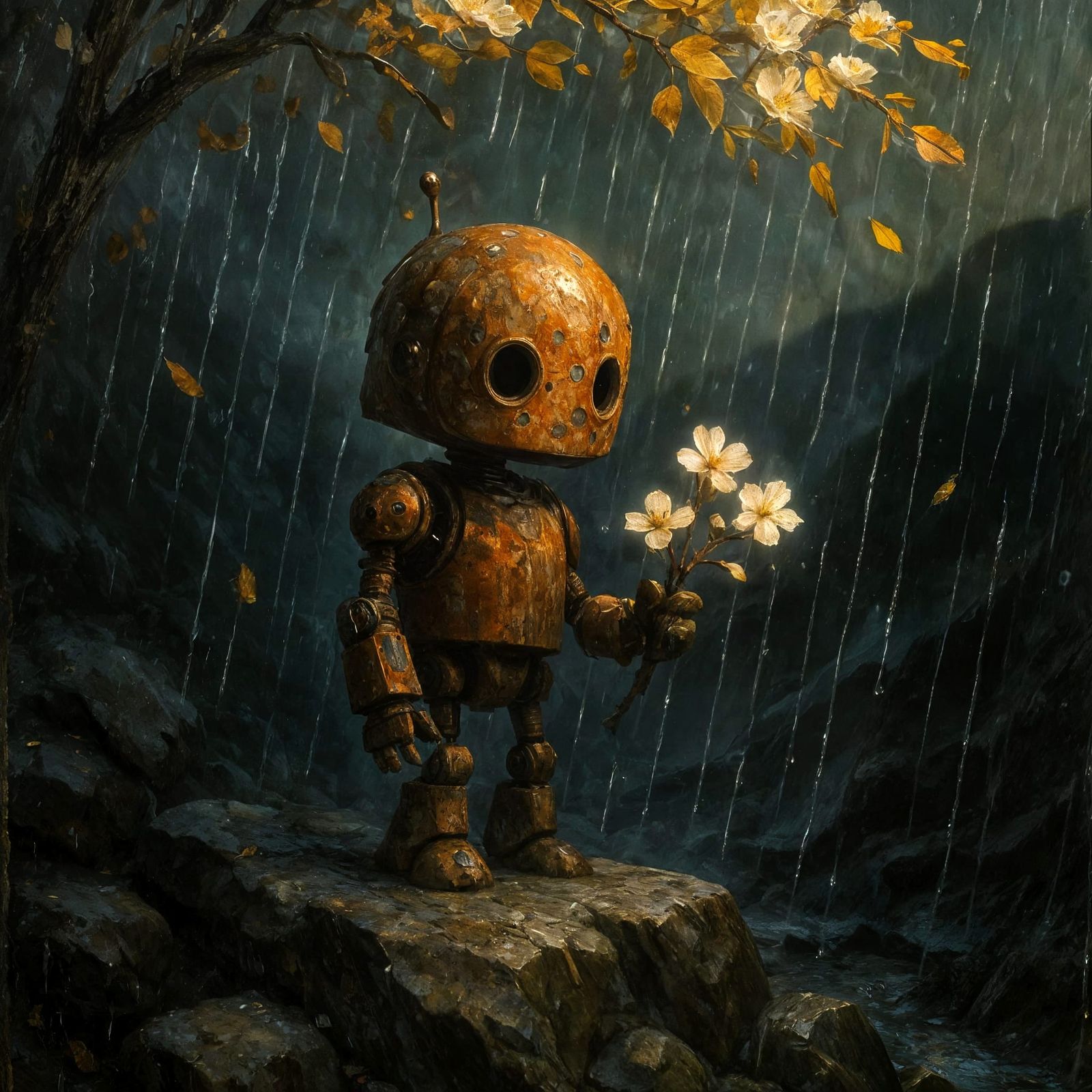 Melancholic Robot in Rainy Autumn Landscape