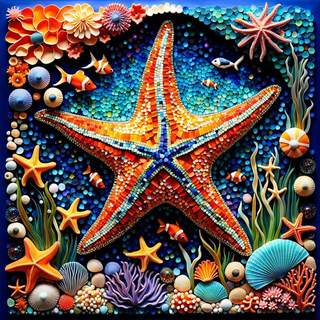 Glittery Mosaic Starfish in Underwater Diorama