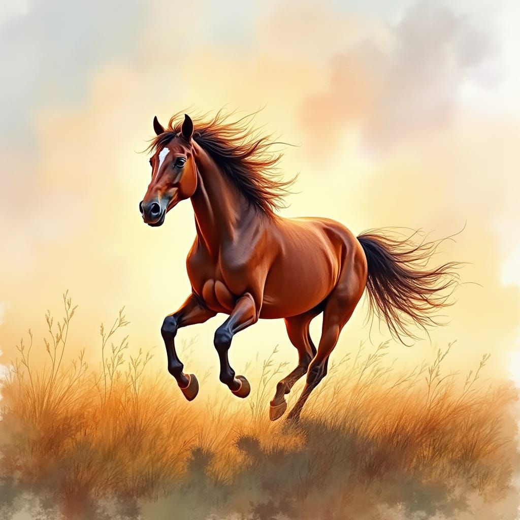 Wild Horse Galloping in Expressive Watercolor Style