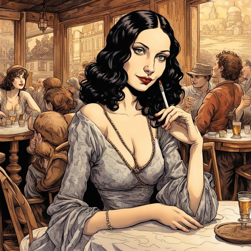 Mona Lisa Smoking in Tavern: Black Ink Comic Style