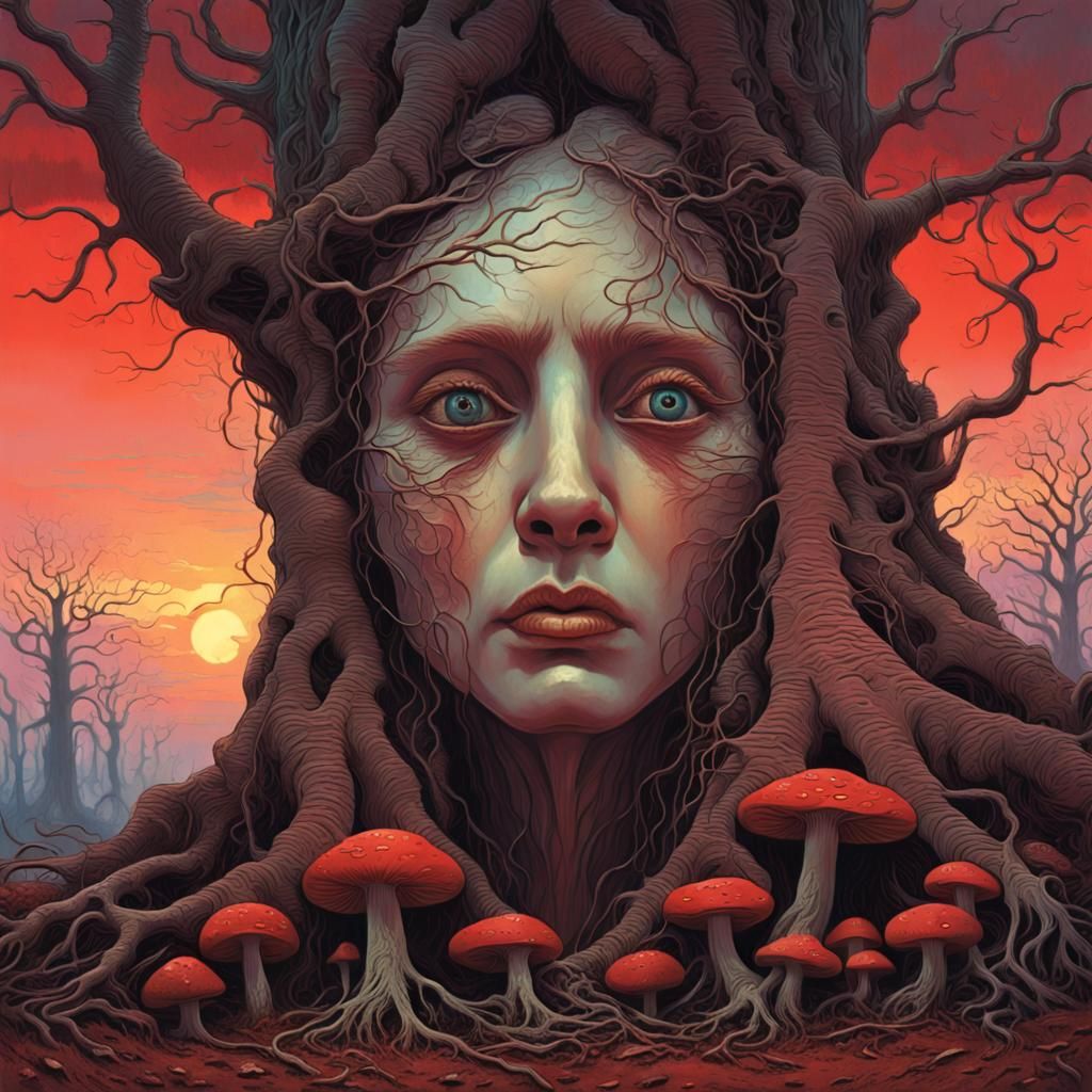 Mystical Woman in Crimson Sky: Romantic Futuristic Art