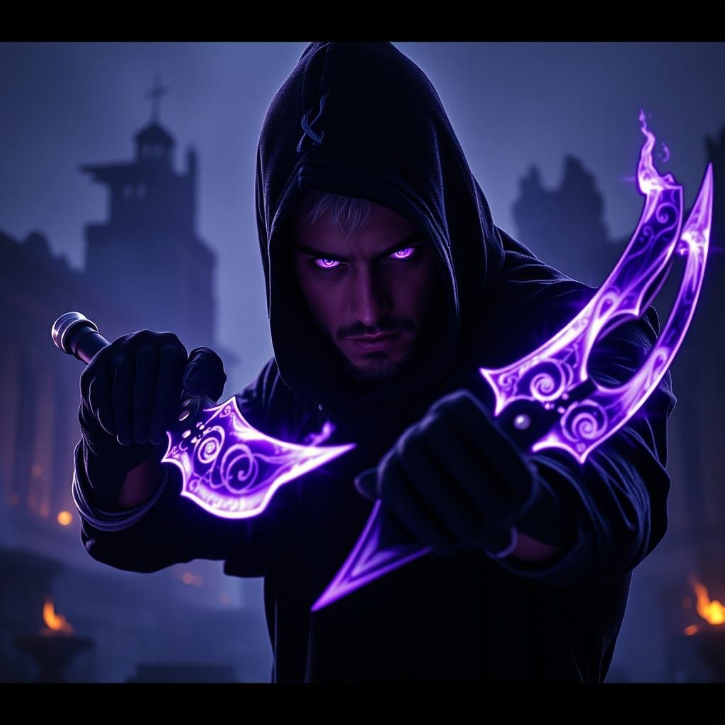 Dark Fantasy Rogue Unleashes Magic Energy Daggers