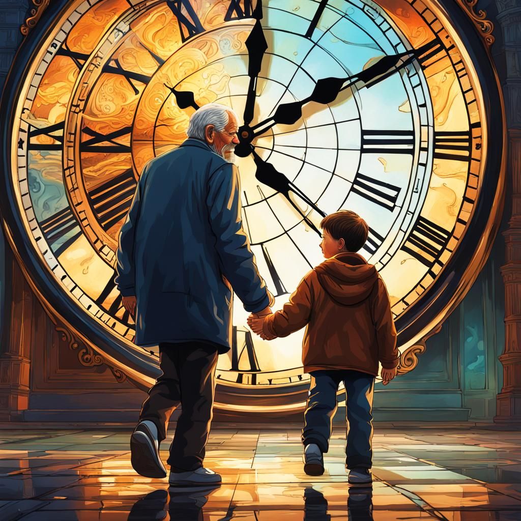 Old Man and Boy in Clock, Hyperrealistic Splash Art