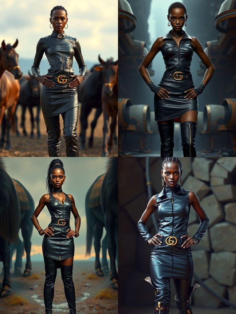 Elegant Ebony Woman in Leather Dress, Detailed Matte Paintin...