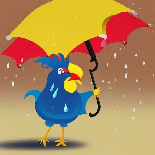 Cartoon Rooster in Rainstorm with Umbrella