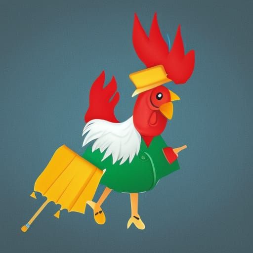 Cartoon Rooster in the Rain with Umbrella