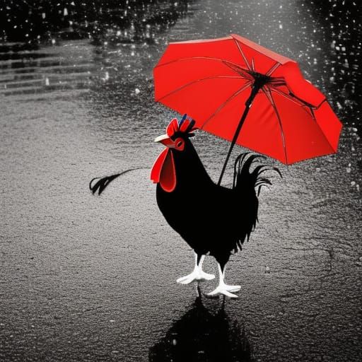 Cartoon Rooster in Rainstorm with Umbrella