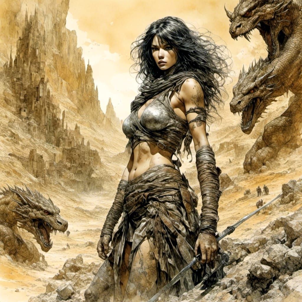 Desert Warrior Escapes Dragon Fire in Comic Style