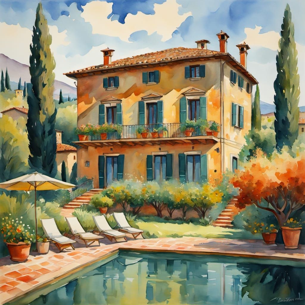 Tuscan Villa Masterpiece in Gouache and Watercolor Style