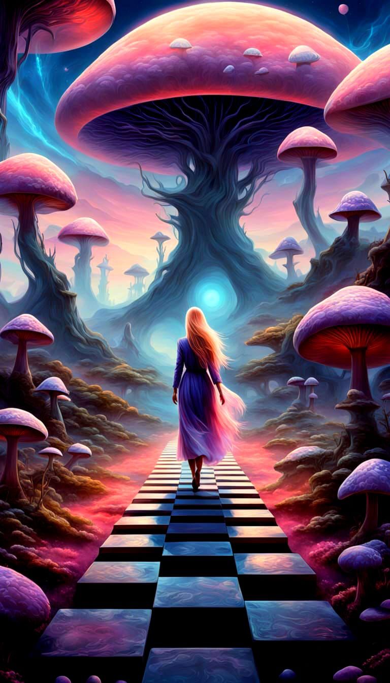 Surreal Goddess Walks Away from Checkerboard Portal