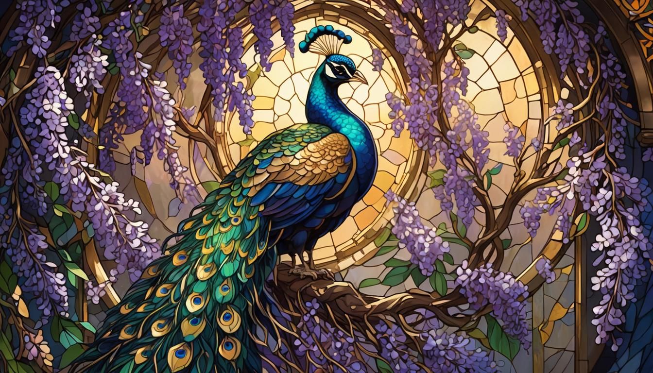Peacock in Stained Glass Wisteria Garden: Manga Art