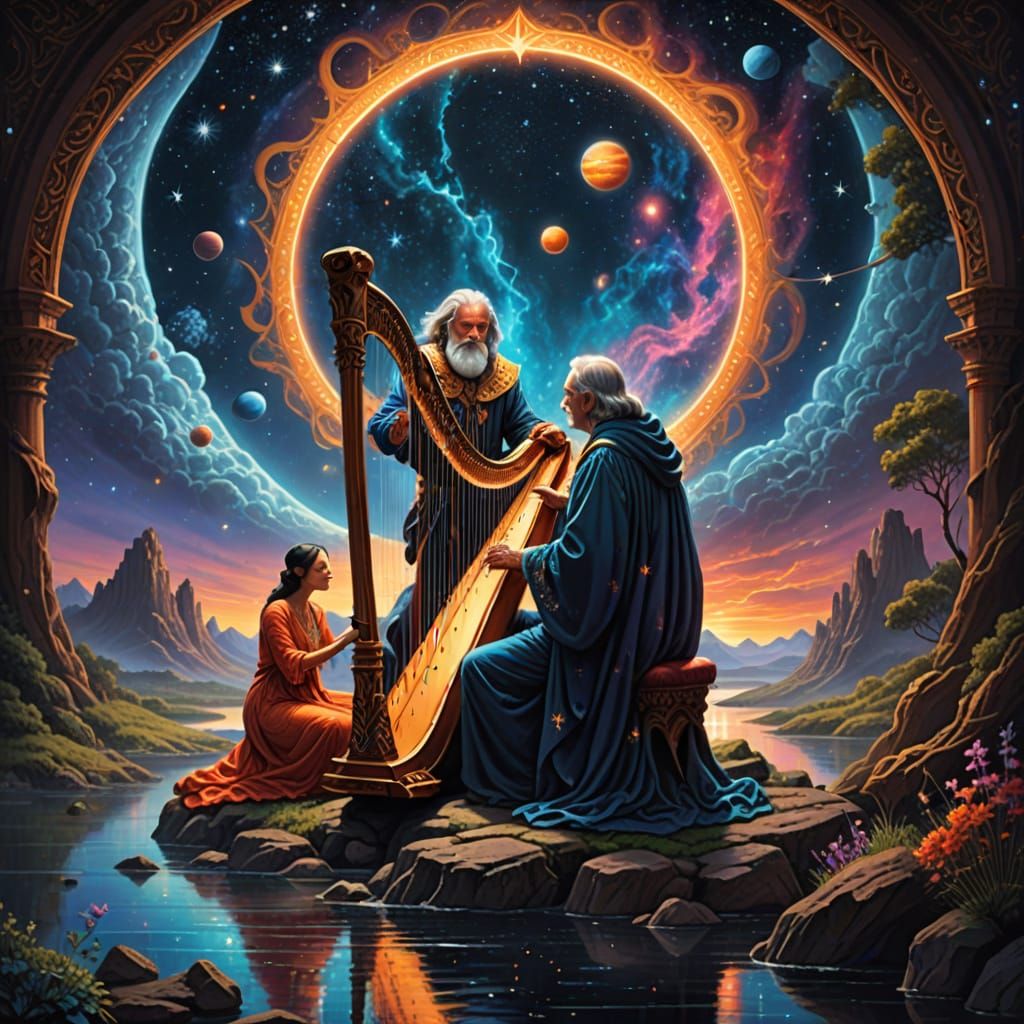 Fantasy Art: Old Couple Watches Harpist Play Cosmic River