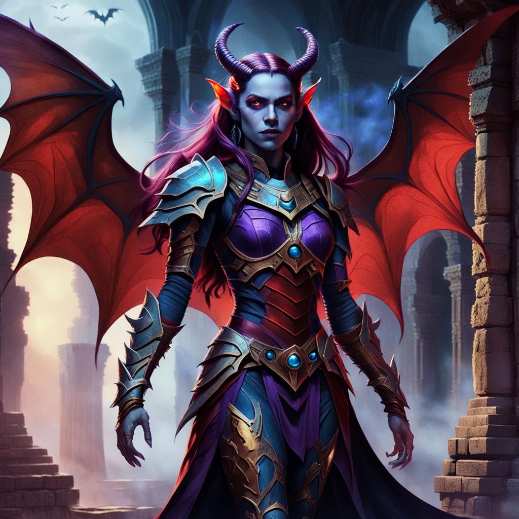 Tiefling Woman in Mystical Ruins: Fantasy Concept Art