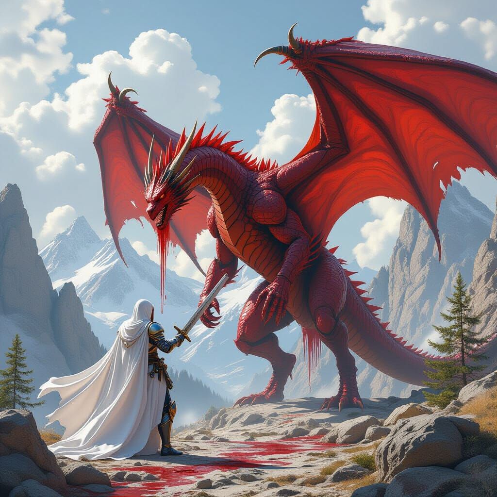 Knight Defeats Blood Dragon in Mountain Battle