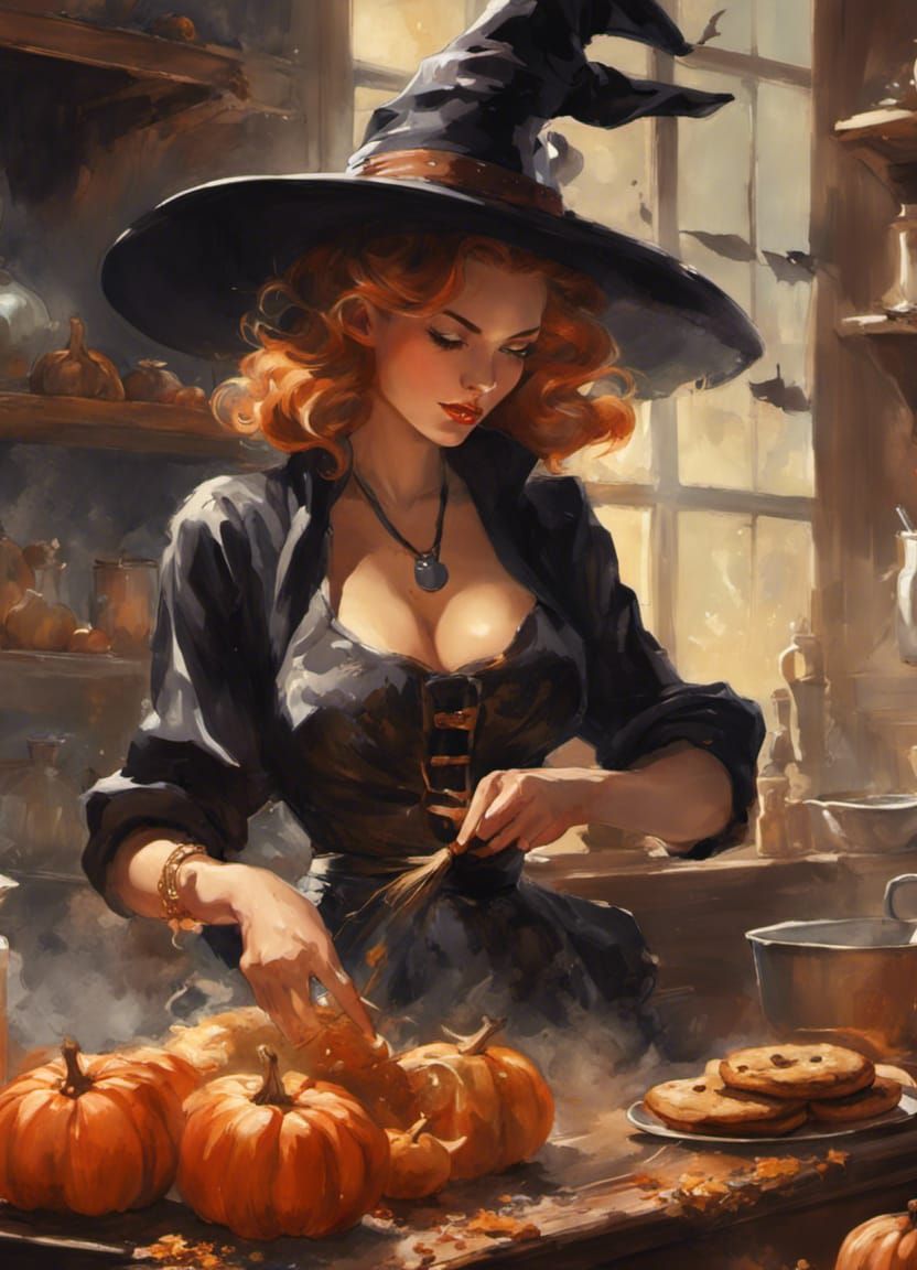 Pin-up Witch Baking Cookies in Studio Photo