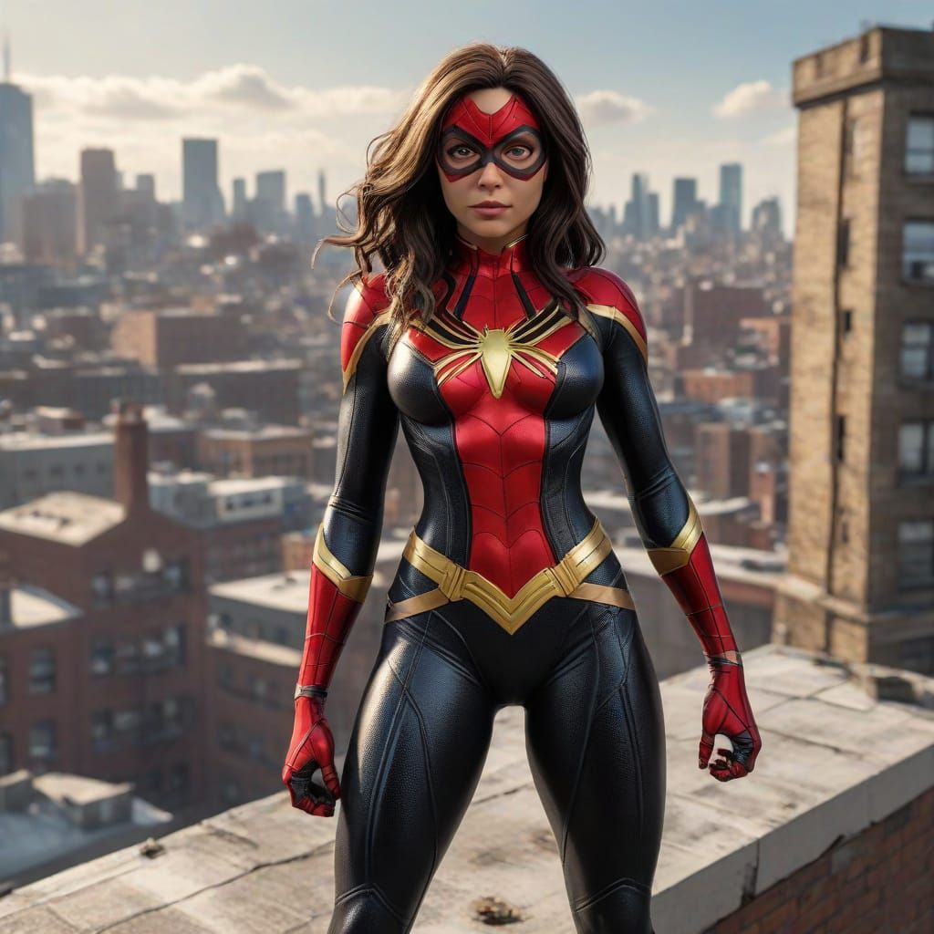 Spider-Woman standing on the rooftop of a building.
