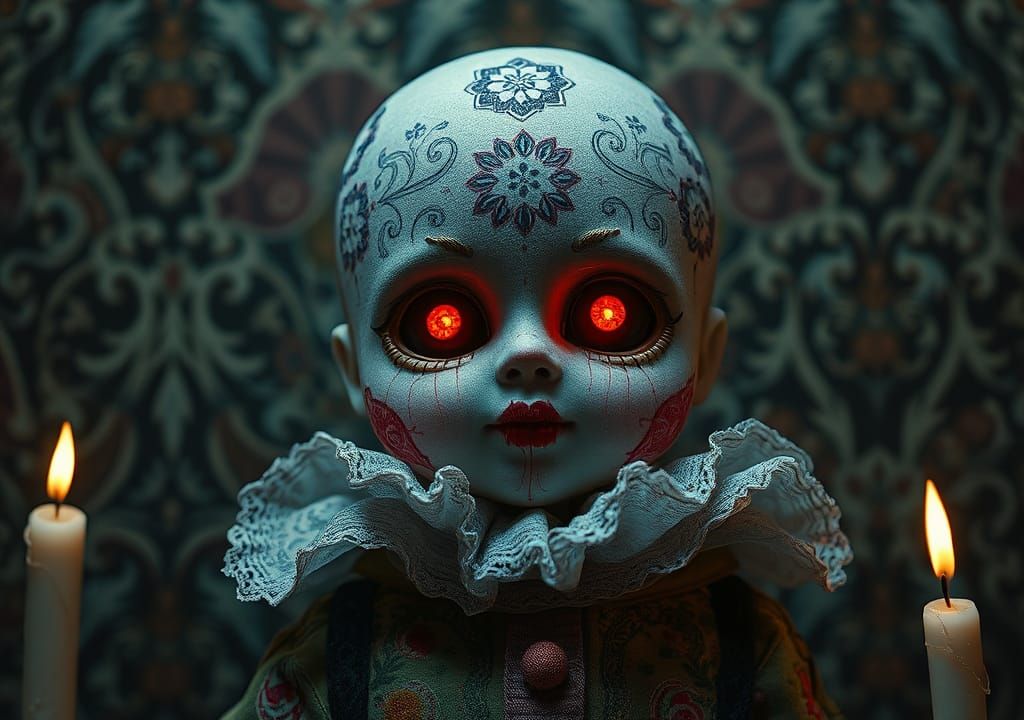 Creepy Candlewicked Dollequin Head in Steamnoir Style