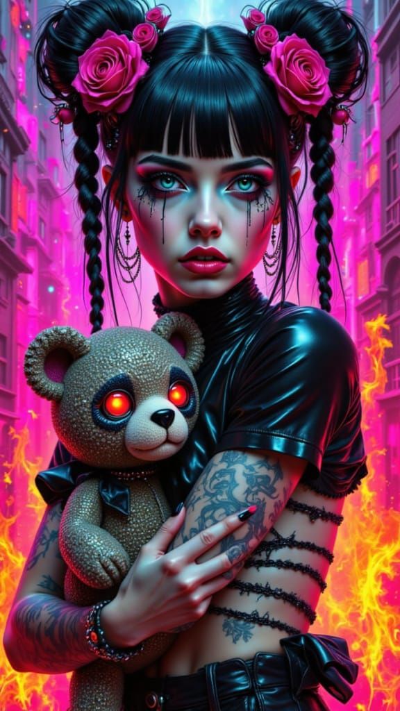 Goth-Punk Cyberpunk Fantasy Art with Neon Flames