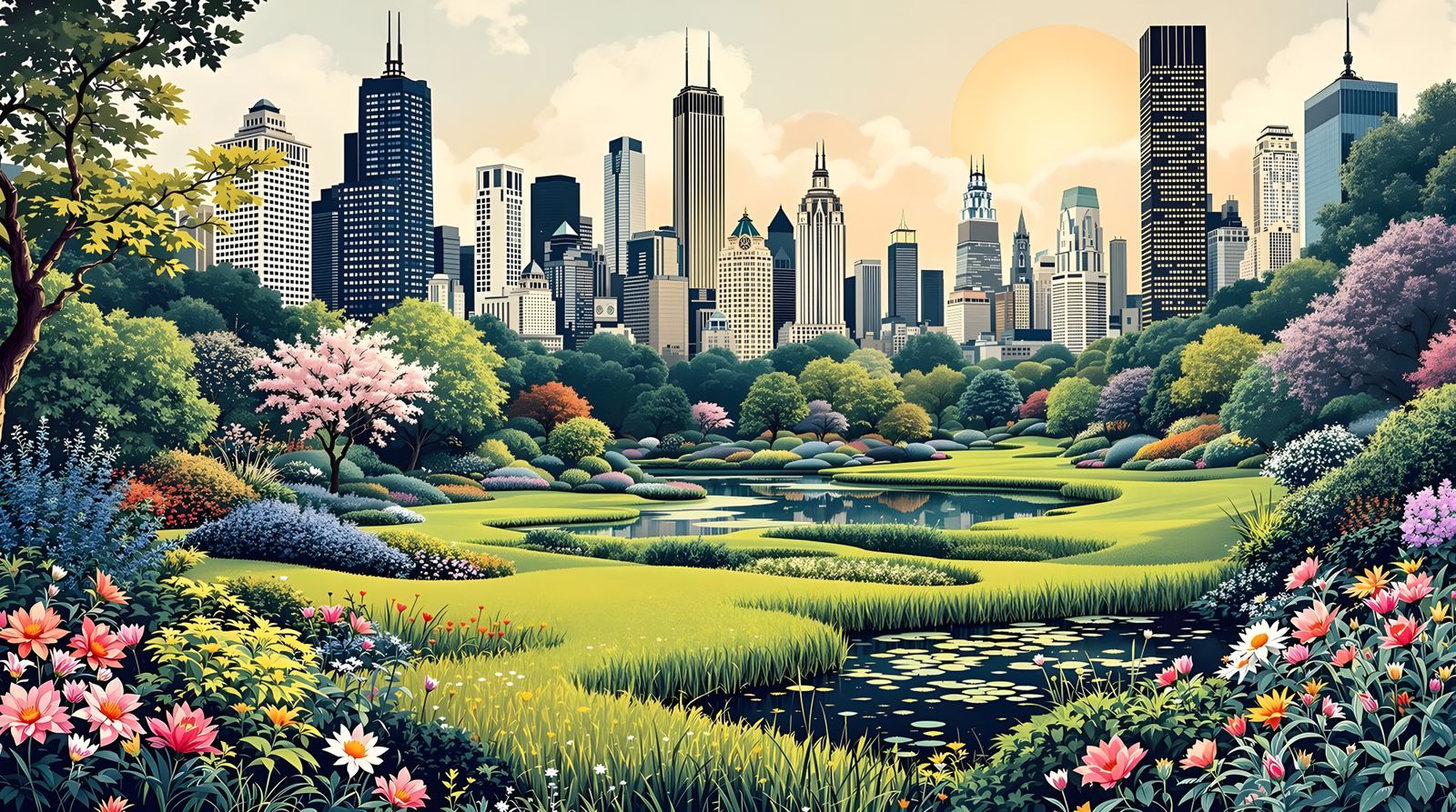 Chicago Urban Oasis in Vibrant Ink Style