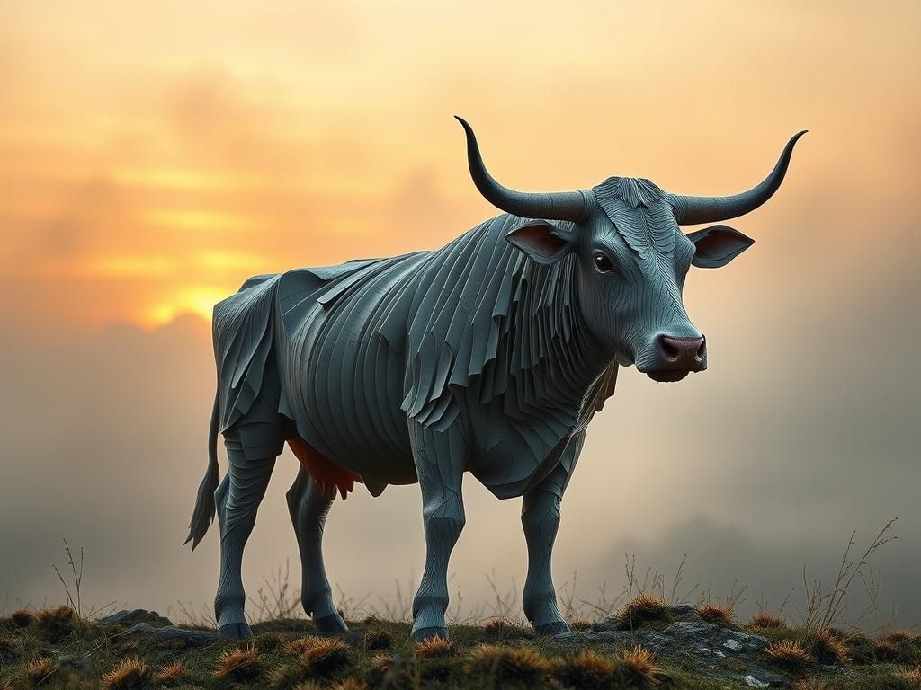 Majestic Paper Cow Sculpture in Misty Landscape
