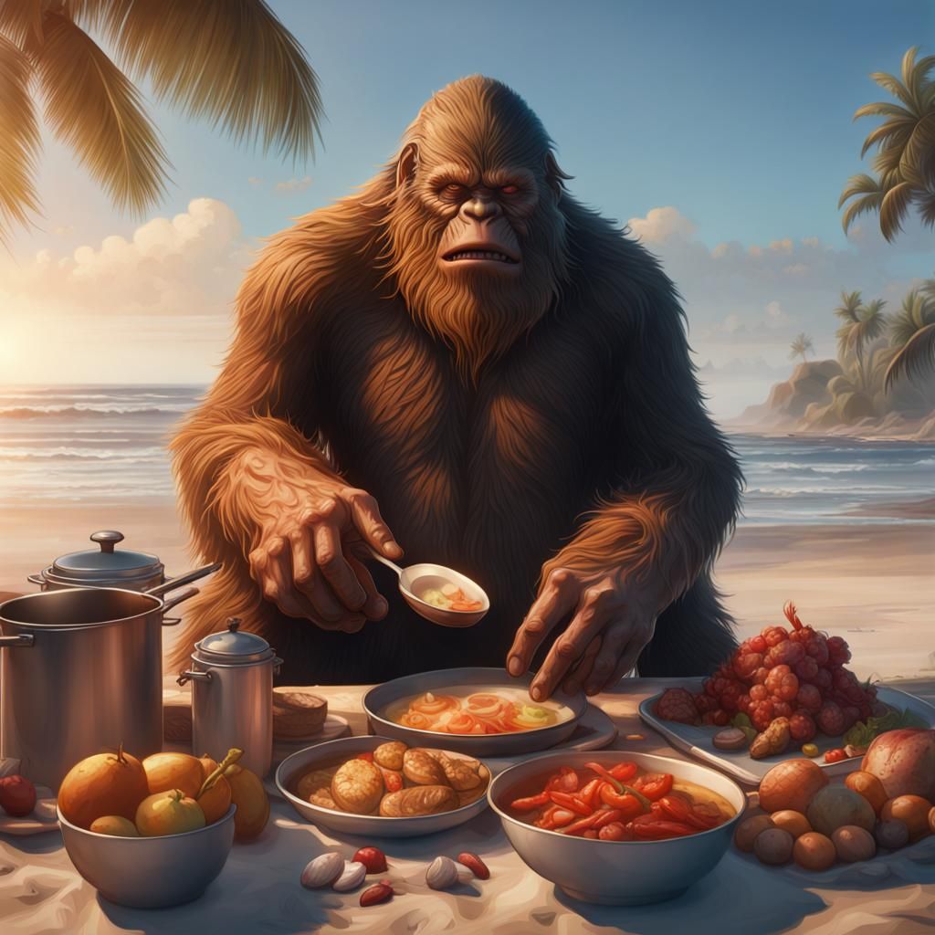 Bigfoot Cooks on the Beach: Hyperdetailed Portrait