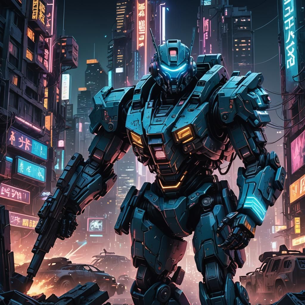 Cyberpunk Anime Mech Warrior in Ruined City