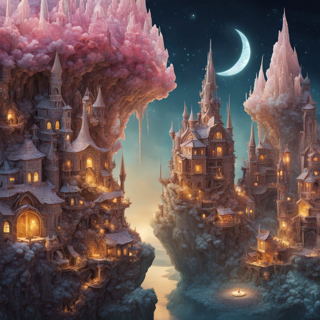 Miniature Geode City Under a Crescent Moon