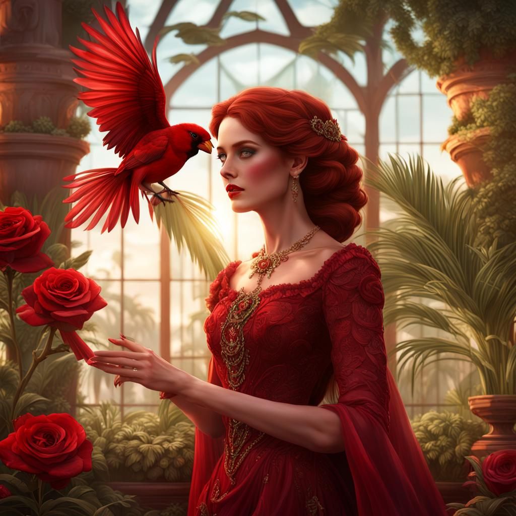 Victorian Lady with Cardinals in Lush Solarium