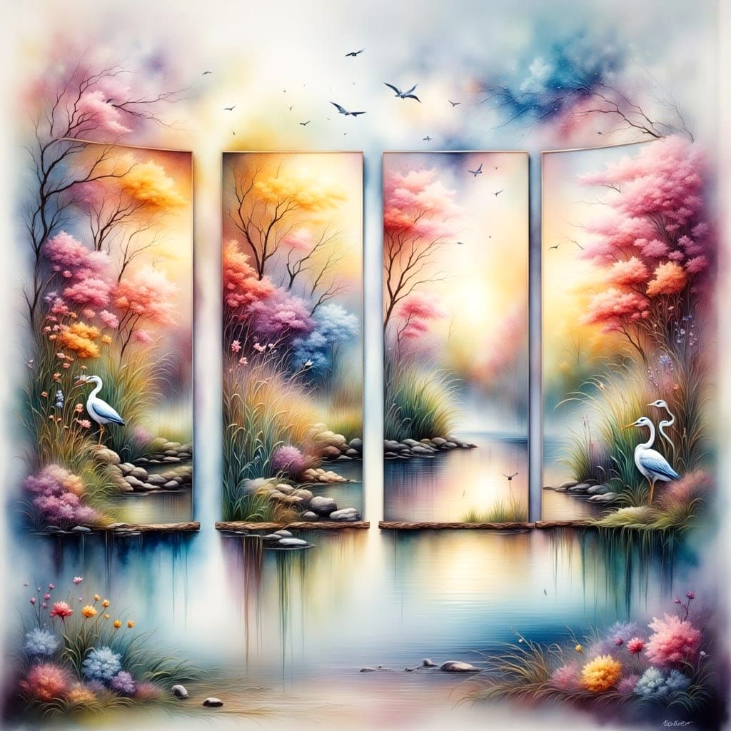 Vibrant Panels in a Serene Watercolor Landscape