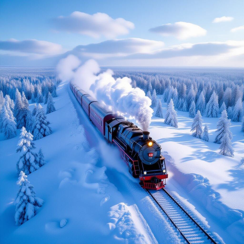 Trans-Siberian Train in Frozen Siberian Winter Landscape