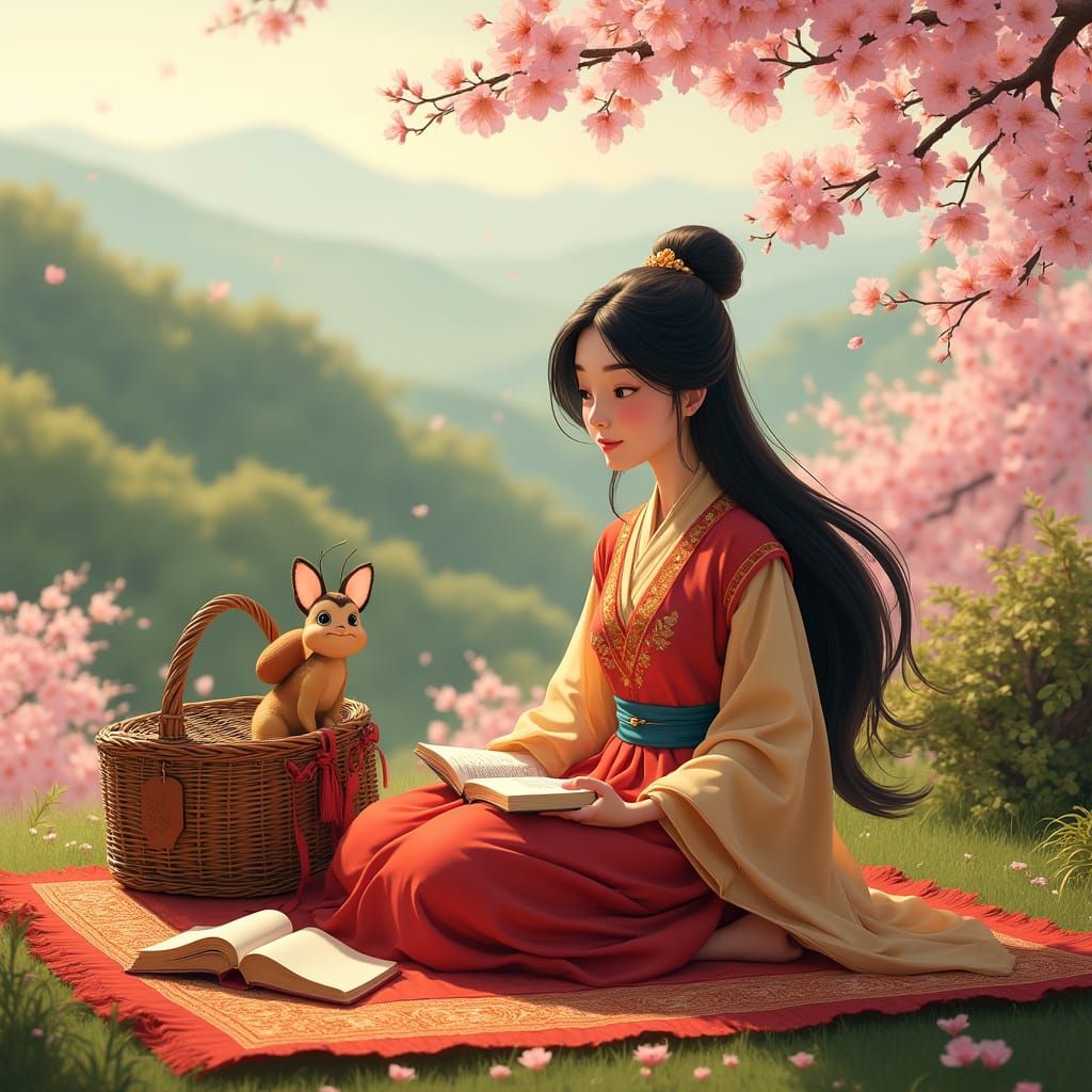 Ethereal Mulan in Traditional Chinese Hanfu Amidst Cherry Bl...