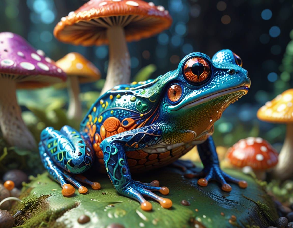 Surprised Frog on Mushroom in Candy Art Style