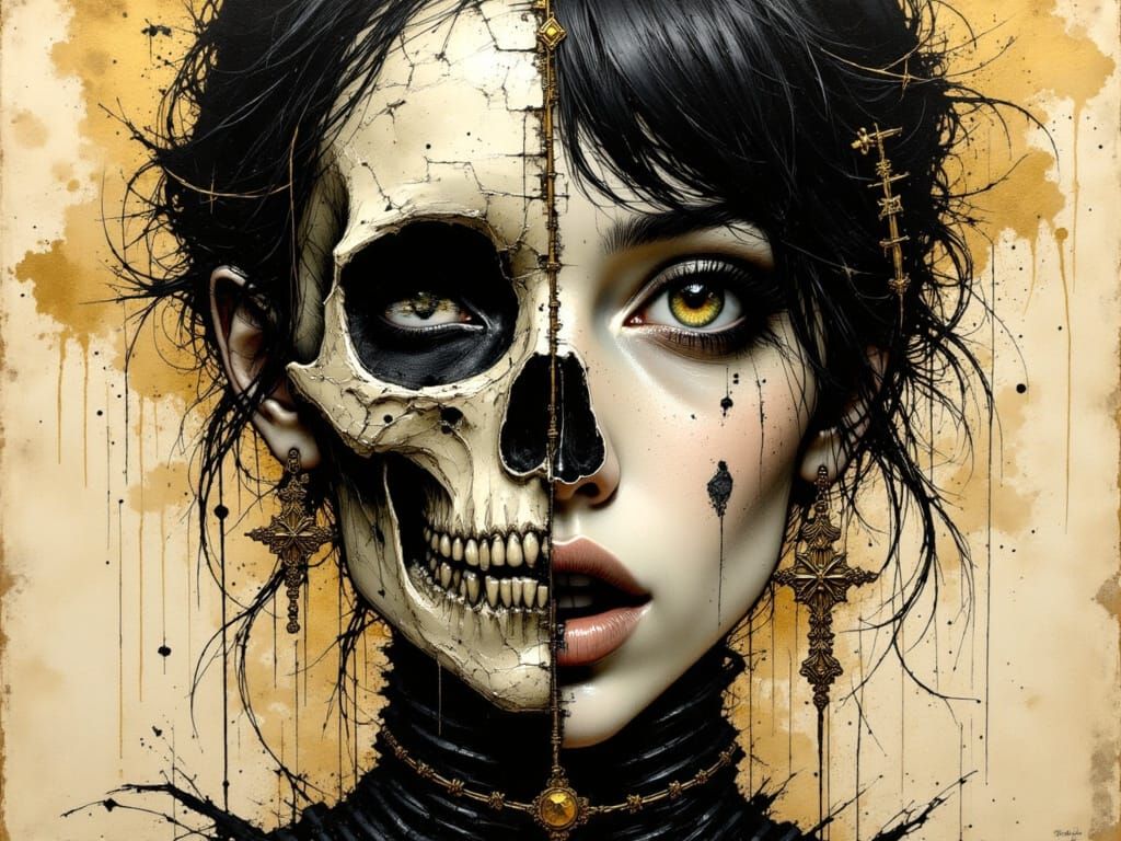 Monochrome Portrait of Split Face with Gold Details