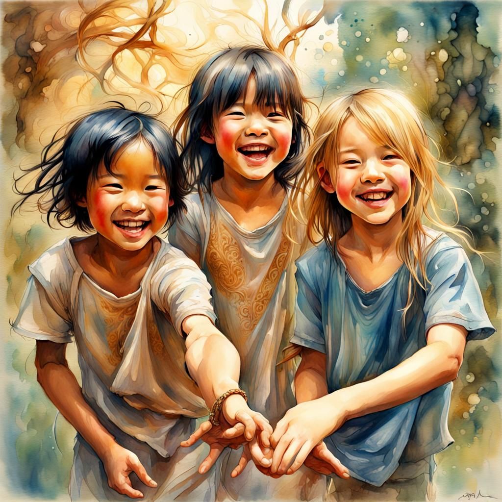 Happy Diverse Children Playing: Art Nouveau Watercolor