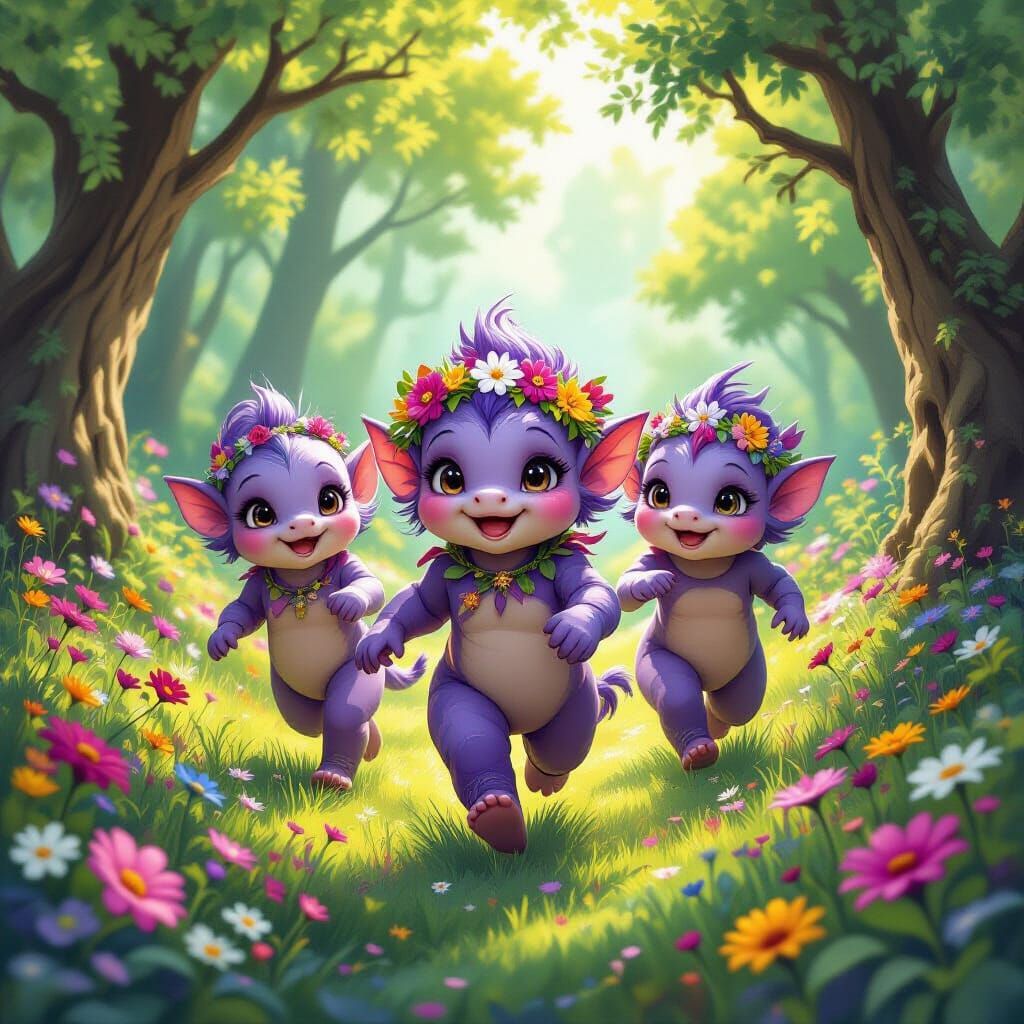Three-Headed Hydra Pup in Whimsical Forest