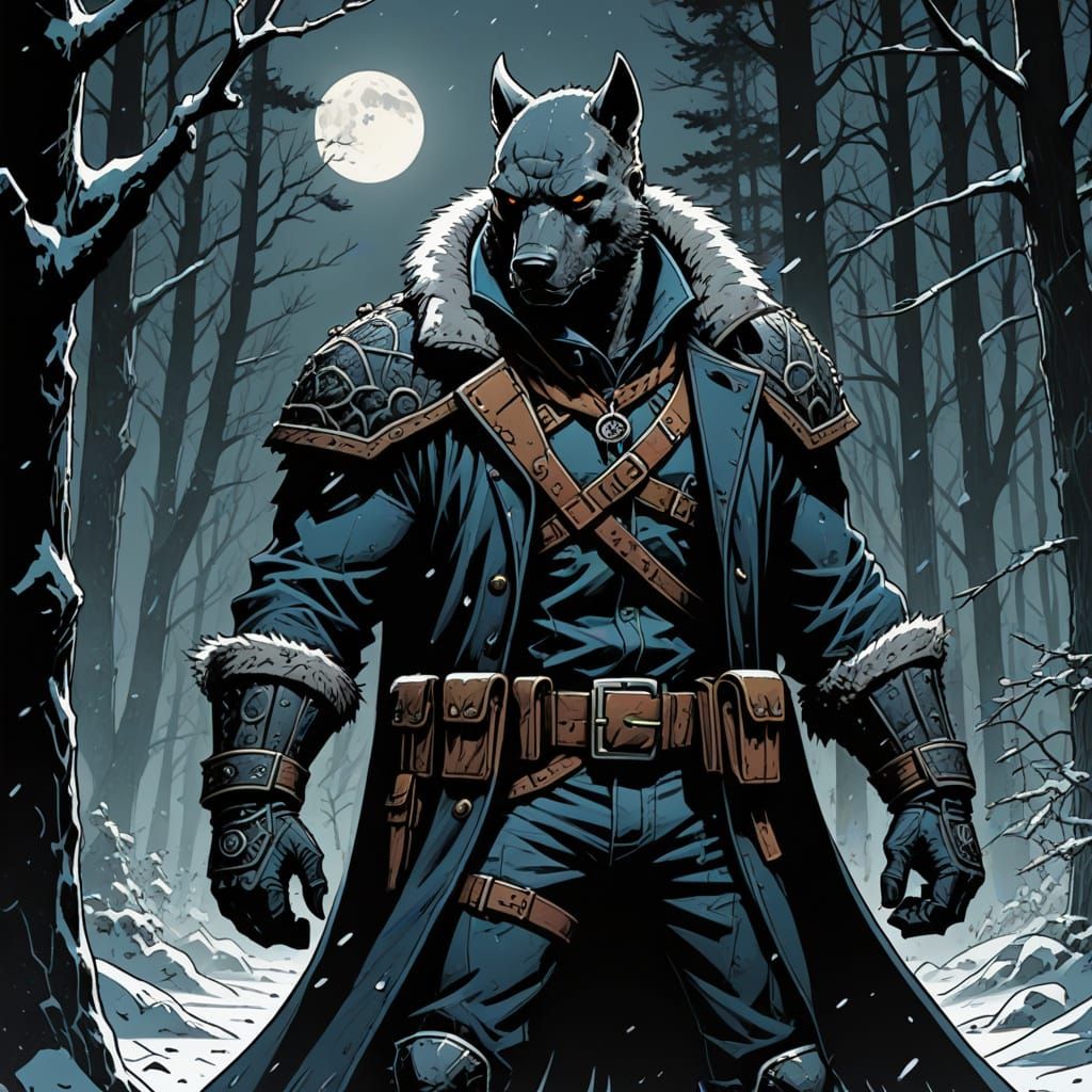 Dark Fantasy Mercenary in Snowy Forest, Mike Mignola Style