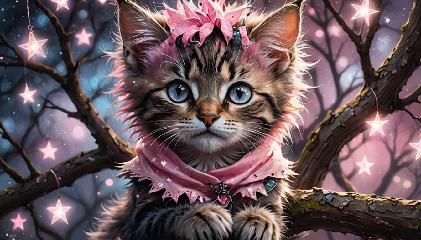 Punk Girl and Kitten in Mystical Tree of Life