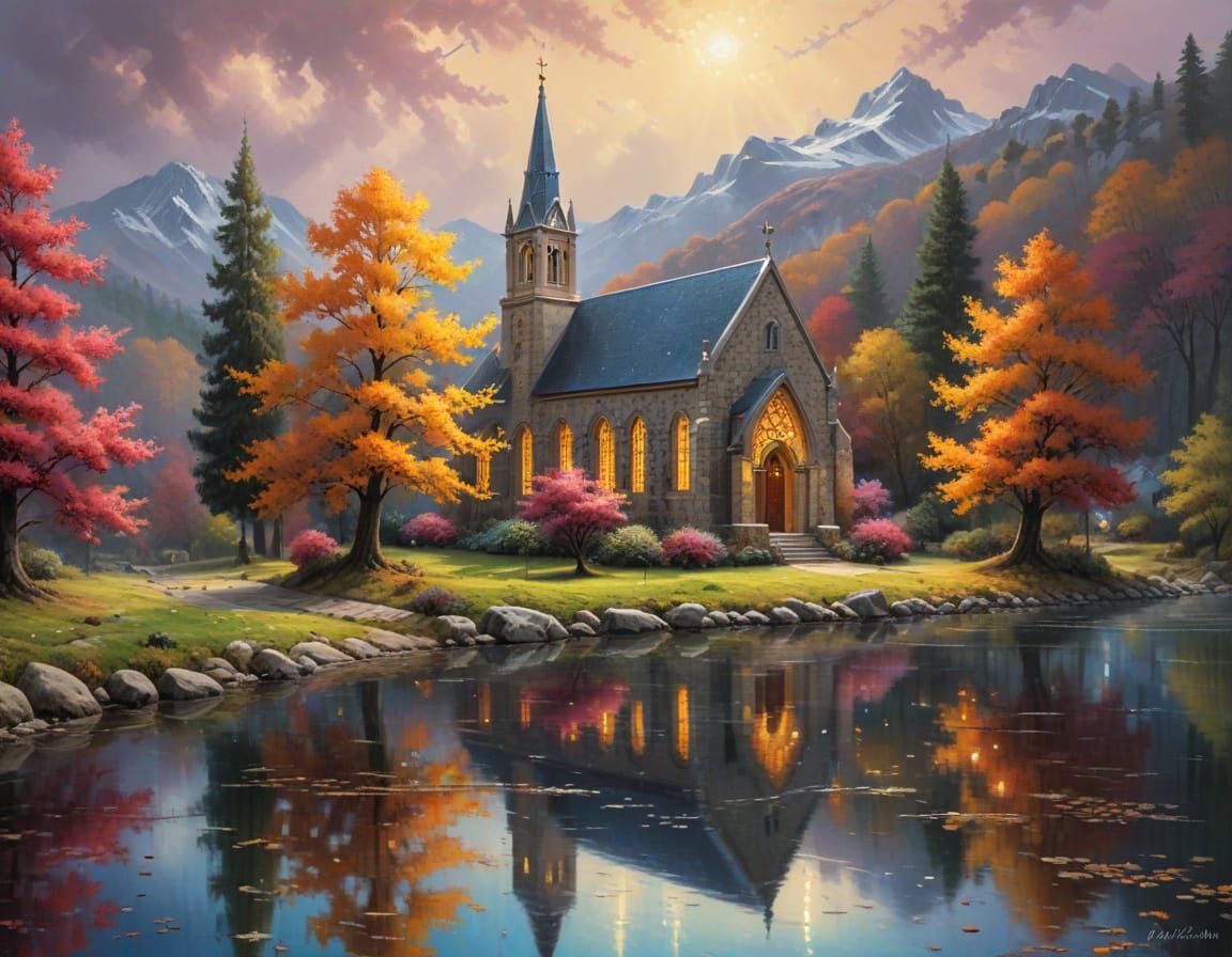 Hyperrealistic Church in Autumn Forest Oil Painting