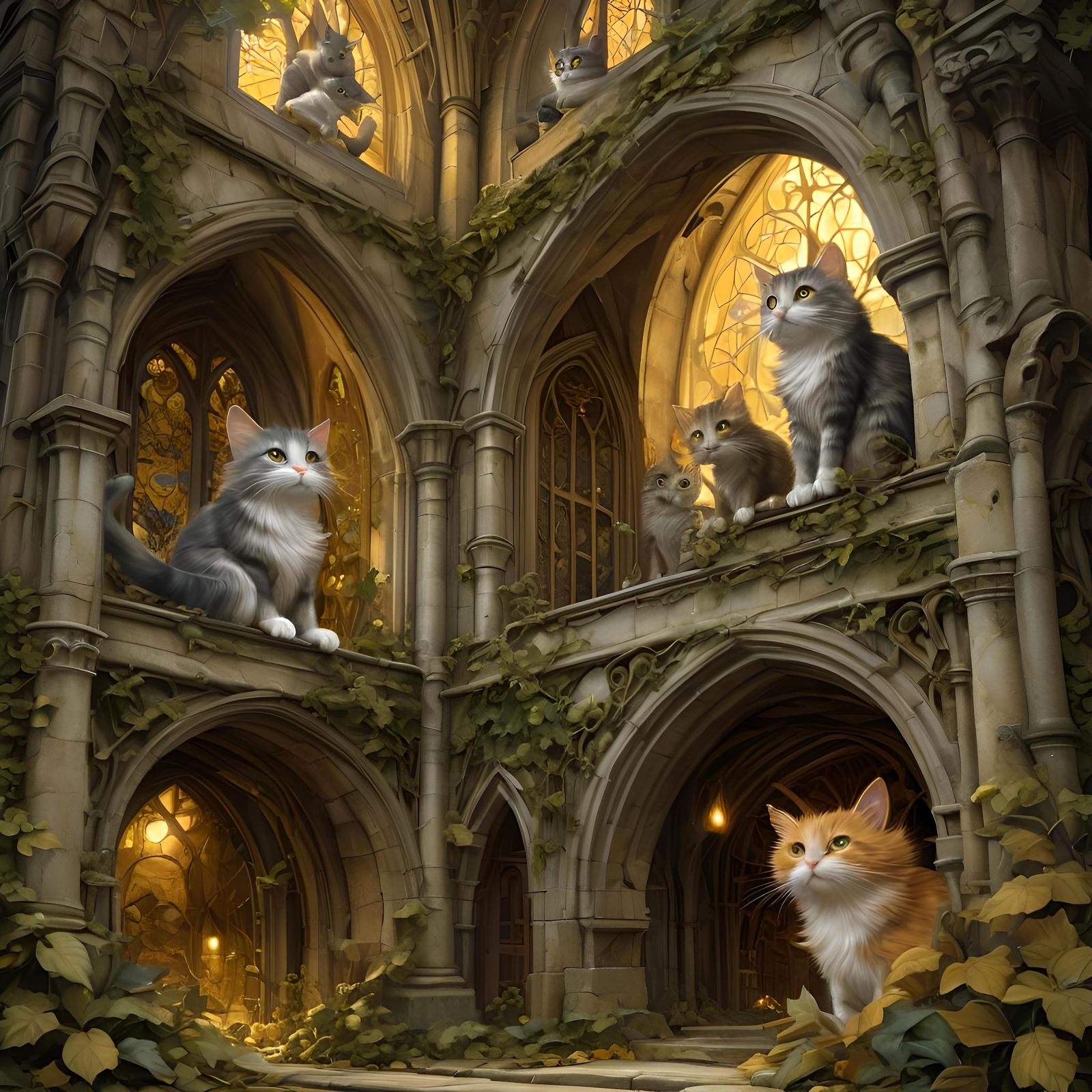 Cats' Secret City: Whimsical Medieval Art